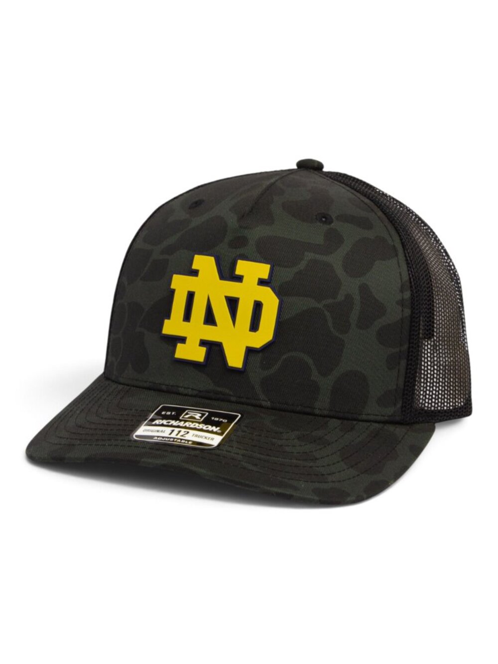 Notre Dame Fighting Irish Gold 3D Snapback Trucker Hat- Sable Duck Camo/ Black